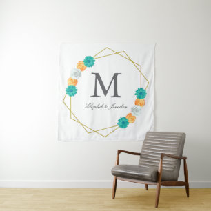 Orange Teal Florale Geometrische Hochzeit Wandteppich