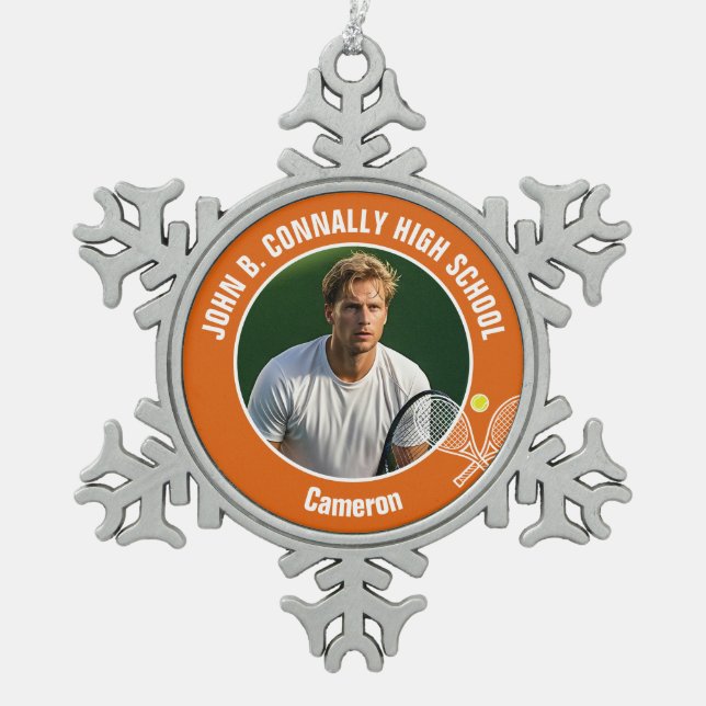 Orange Tennis Player Photo High School Schneeflocken Zinn-Ornament (Vorderseite)