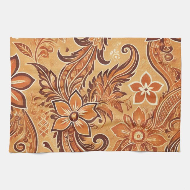 Orange Terracotta Batik Floral Boho Rustikal Geschirrtuch (Horizontal)