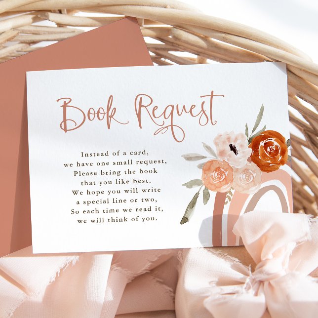 Orange Terracotta Boho | Rainbow Baby Book Request Begleitkarte (A cute, boho baby shower book request card with a neutral terracotta rainbow and flowers)