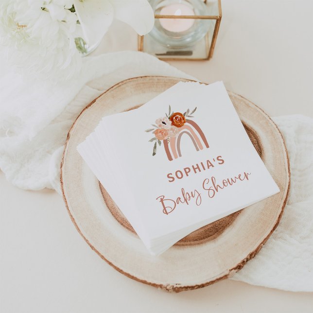 Orange Terracotta Boho | Rainbow Baby Dusche Serviette (Cute boho baby shower napkins, with a neutral terracotta rainbow and flowers)