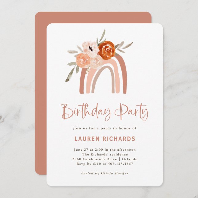 Orange Terracotta Boho | Rainbow Birthday Party Einladung (Vorne/Hinten)