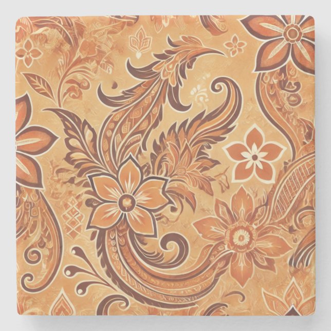 Orange Terracotta Floral Boho Watercolor Batik Steinuntersetzer (Vorderseite)