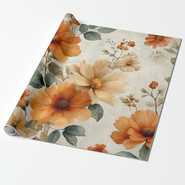 Orange Terracotta Vintage Floral Botanical Geschenkpapier (Ungerollt)