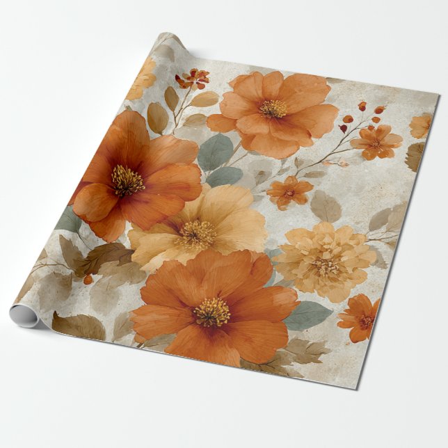 Orange Terracotta Vintage Floral Botanical Geschenkpapier (Ungerollt)