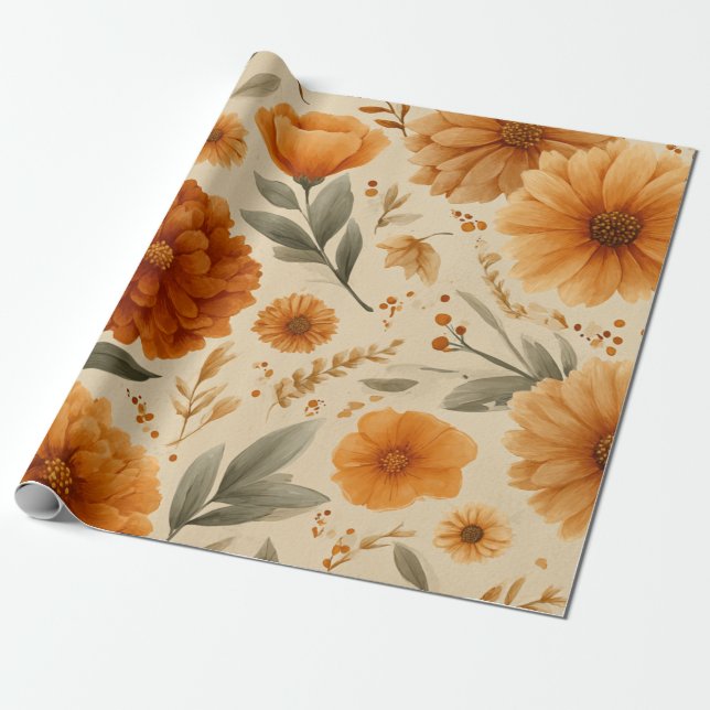 Orange Terracotta Vintage Floral Botanical Geschenkpapier (Ungerollt)