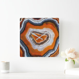 Orange Terrakotta Schwarz Grau Weiß Achat Geode Quadratische Wanduhr