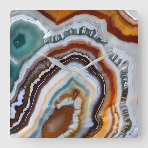 Orange Terrakotta Weiß Schwarz Blau Achat Geode Quadratische Wanduhr