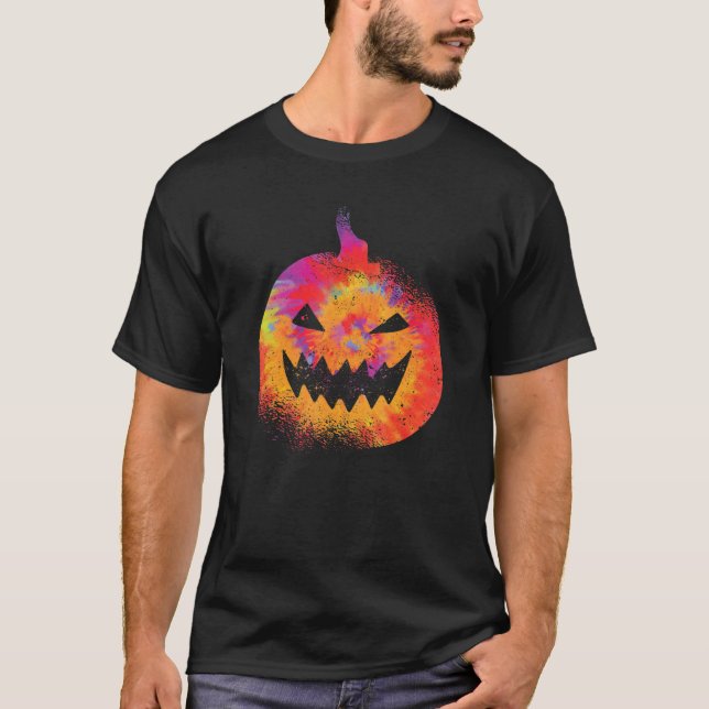 Orange Tie Dye Pumpkin Face Jack O Lantern Hallowe T-Shirt (Vorderseite)