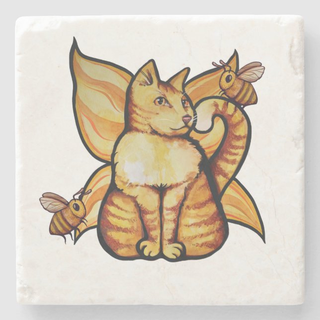Orange tiger Fairy Cat Bees Sommerzeit Kätzchen Steinuntersetzer (Vorderseite)
