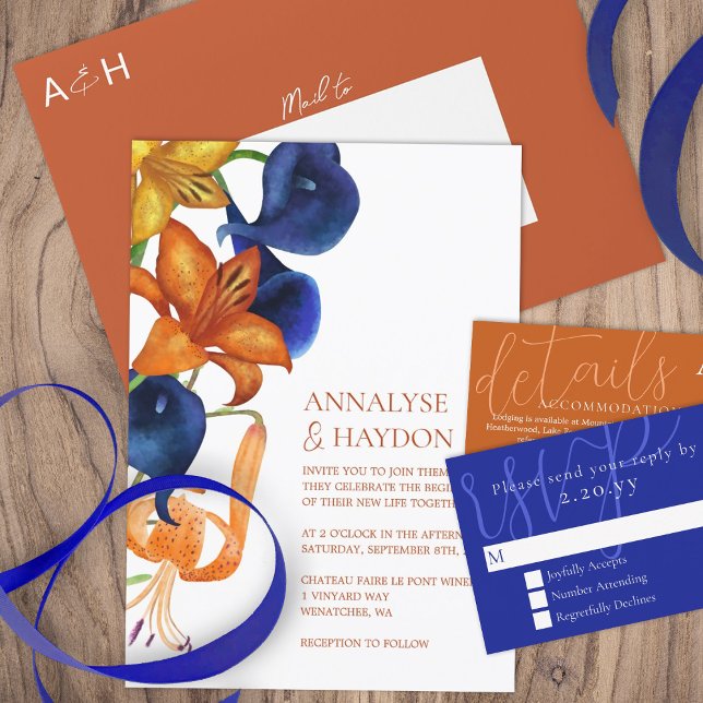 Orange Tiger Lilies, Dark Blue Calla Lilly Wedding Einladung (orange gold royal blue fall floral wedding invitations, tiger lily calla lilies fall season flowers)