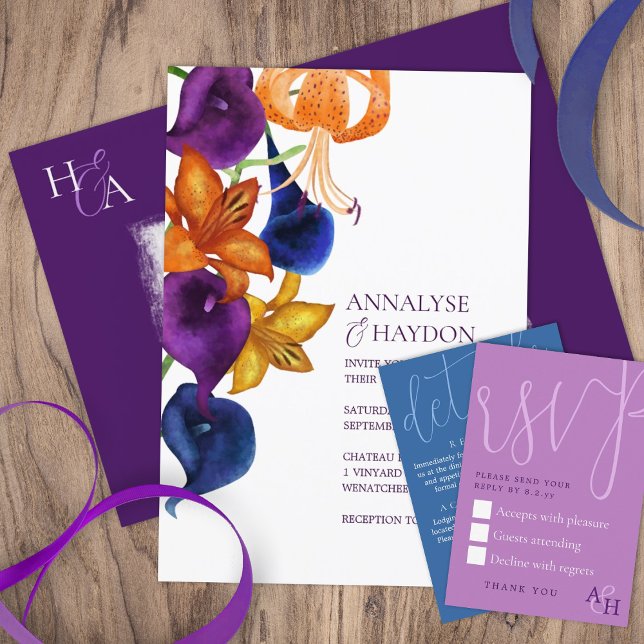 Orange Tiger Lilies, Plum Lila, Blue Wedding Einladung (plum purple blue calla lilies lily orange gold tiger lily fall season floral flowers invitations)