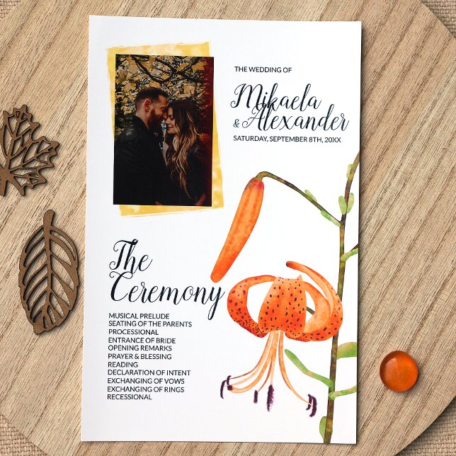 Orange Tiger Lily Wedding Zeremony Program (Orange Tiger Lily Wedding Ceremony Program for a Fall Wedding)