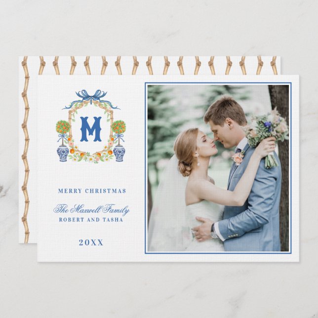 Orange Topiary in Chinoiserie Pot Wappen Monogram Einladung (Vorne/Hinten)