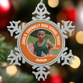 Orange Track & Field Photo High School Athlete Schneeflocken Zinn-Ornament