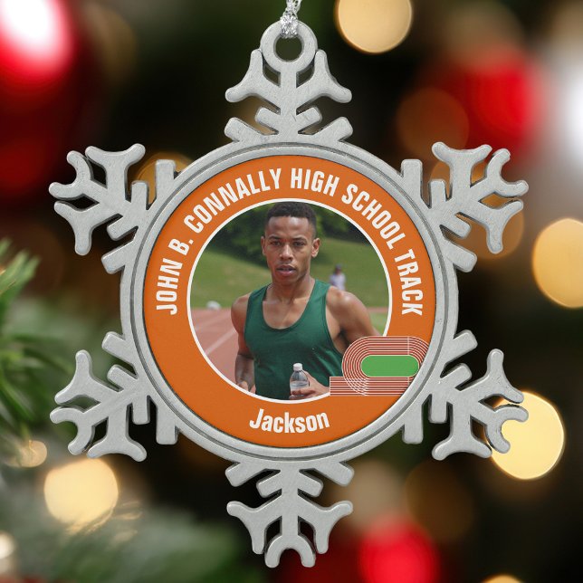 Orange Track & Field Photo High School Athlete Schneeflocken Zinn-Ornament (Von Creator hochgeladen)