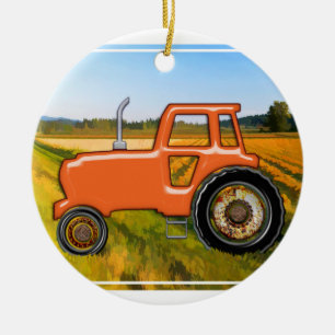 Orange Traktor auf den Gebieten Keramikornament