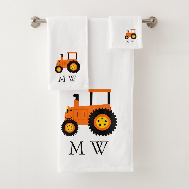 Orange Traktor Design Monogrammiert Badhandtuch Set (Insitu)