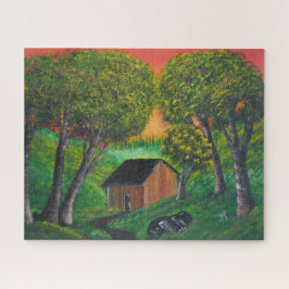 Orange Trapper Shack Wald Landschaft Puzzle