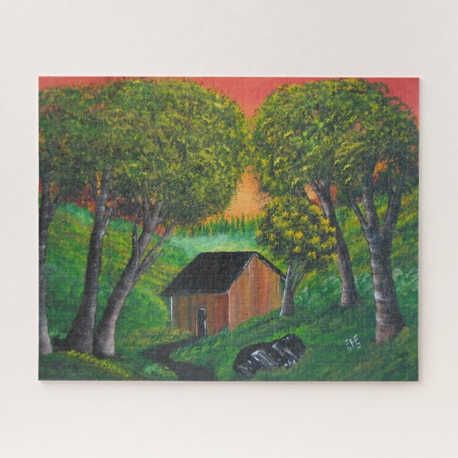 Orange Trapper Shack Wald Landschaft Puzzle (Horizontal)