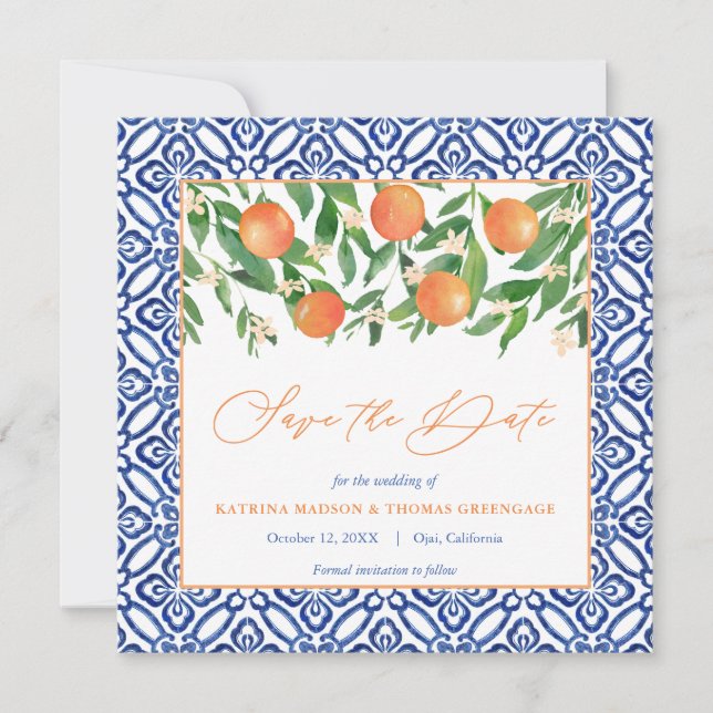 Orange Tree Citrus Wedding Mediterranean Blue Tile Save The Date (Vorderseite)