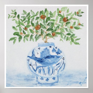 Orange Tree Topiary Blue Ginger Jar Art Print Poster