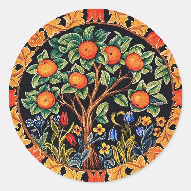 ORANGE TREM MIT GRÜNEN BLÄTTER, BLUME RUNDER AUFKLEBER (Vorderseite)