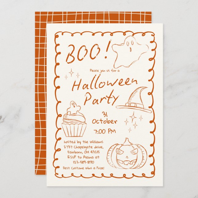 Orange Trendy Hand Drawn Sketchy Halloween-Party Einladung (Vorne/Hinten)