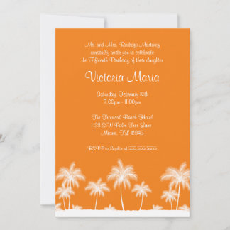 Orange Tropical Beach Palm Tree Quinceanera Party Einladung