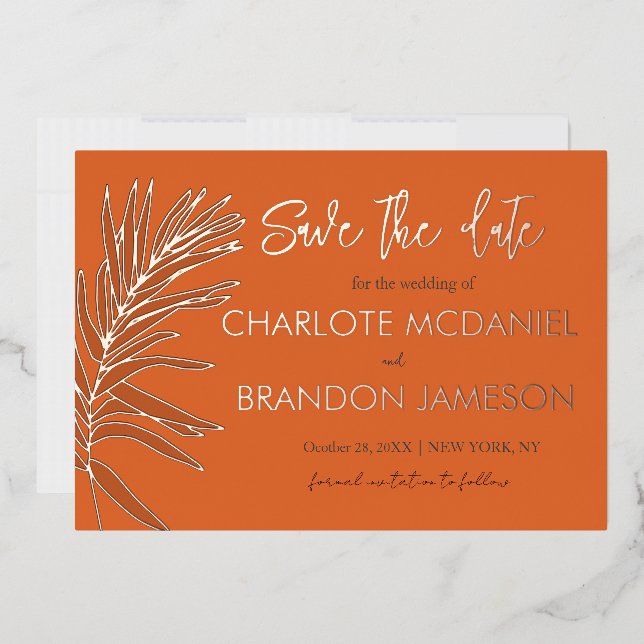 Orange Tropical Palm Leaf Hochzeit speichern das D Folieneinladung (Briefumschlag)
