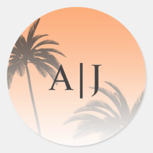 Orange Tropical Palm Tree Beach Monogram Wedding Runder Aufkleber