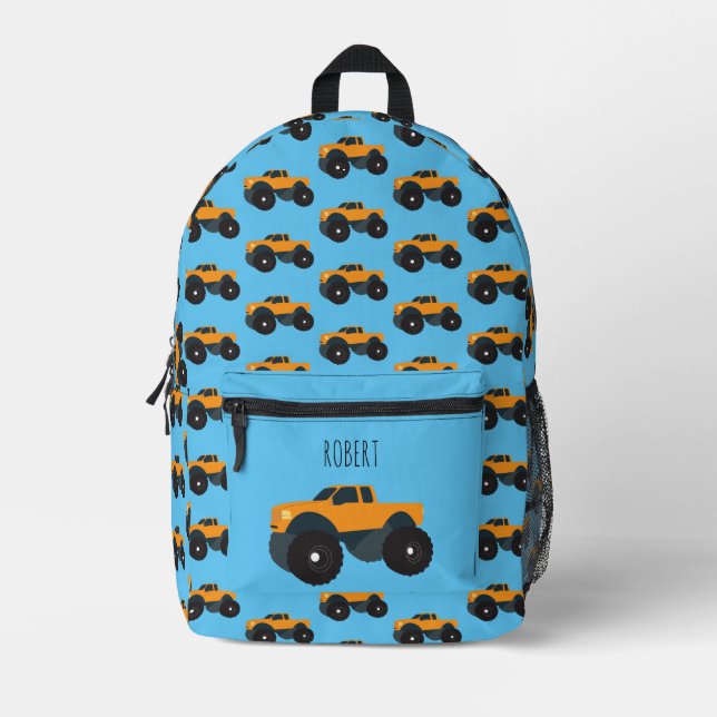Orange Truck Vehicle Custom Boys Name School Bedruckter Rucksack (Vorderseite)