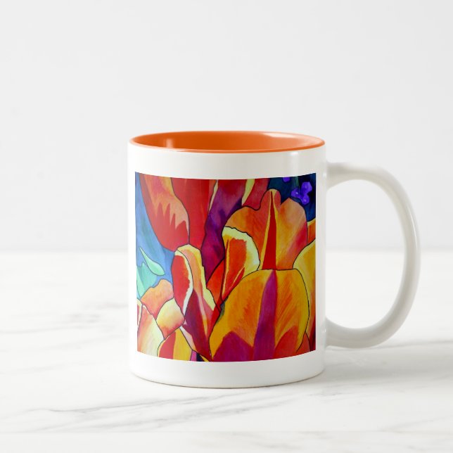 Orange Tulips Aquarellmalerei Blume Zweifarbige Tasse (Rechts)