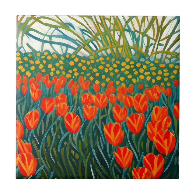 Orange Tulips Field Floral Fliese (Vorderseite)