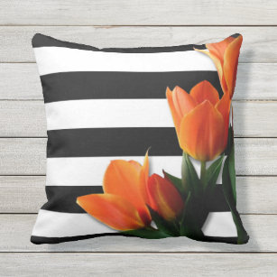 Orange Tulpen u. Schwarz-weiße Streifen Kissen