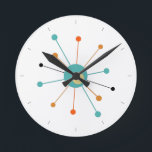 Orange Türkis Atomage Sternexplosion Mitte Jahrhun Runde Wanduhr<br><div class="desc">Diese farbenfrohe,  moderne Uhr aus der Mitte des Jahrhunderts besticht durch eine atomare Sternexplosion in Türkisblau,  zwei Orangen- und Gelbtönen,  mit schwarzen Linien für die Zeit. So viel Spaß,  um Ihre Wand zu ergänzen!</div>