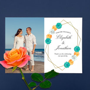 Orange Türkis Florale Geometrische Hochzeit Dankeskarte