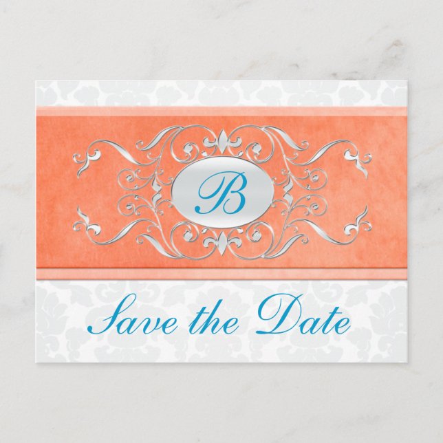 Orange, Türkis und Grau Damask Save the Date Ankündigungspostkarte (Vorderseite)