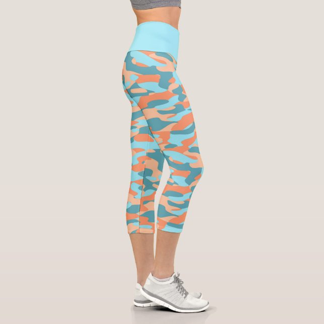 Orange Türkise Aquamarin Blue Camouflage Pattern Capri Leggings (Rechts)