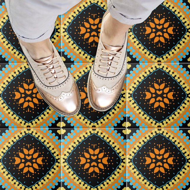 Orange Türkise Black Ethnic Oriental Boho Fliese (Von Creator hochgeladen)