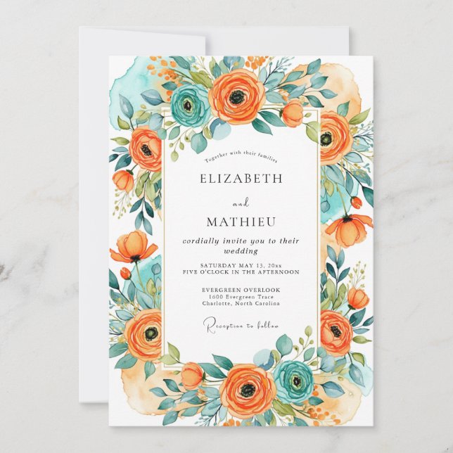 Orange Turquoise Alluring Summer Wedding Einladung (Vorderseite)