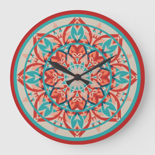 Orange & Turquoise Boho Mandala  Large Clock Große Wanduhr (Vorderseite)