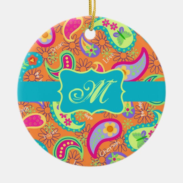 Orange Turquoise Modern Paisley Pattern Monogram Keramik Ornament (Vorne)