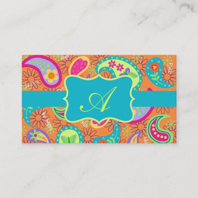 Orange Turquoise Modern Paisley Pattern Monogram Visitenkarte (Vorderseite)
