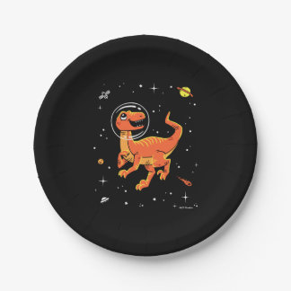 Orange Tyrannosaurus Dinos im Weltraum Pappteller