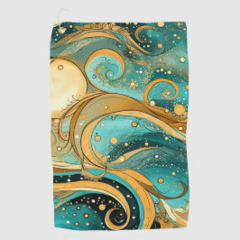 Orange- und Aqua-Galaxie mit Mondstern und Wirbel Golfhandtuch