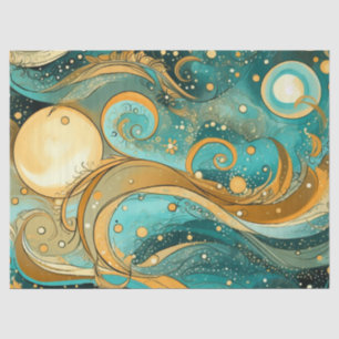 Orange- und Aqua-Galaxie mit Mondstern und Wirbel Seidenpapier