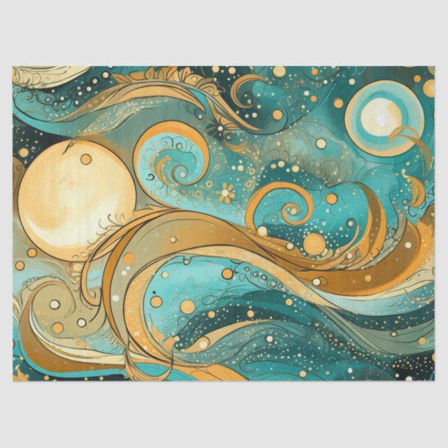 Orange- und Aqua-Galaxie mit Mondstern und Wirbel Seidenpapier (Vorderseite)
