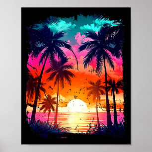 Orange und Aqua-Sonnenuntergang mit silhouettierte Poster
