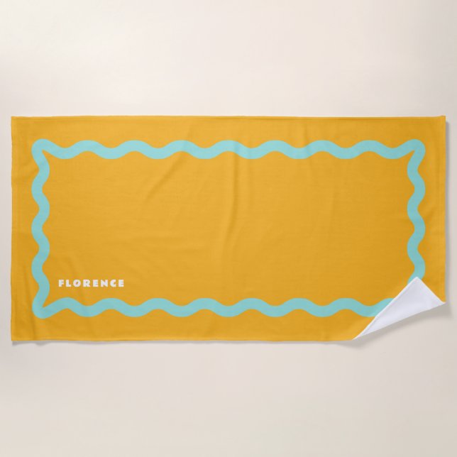 Orange und Aqua Squiggle mit Text Strandtuch (Vorderseite)